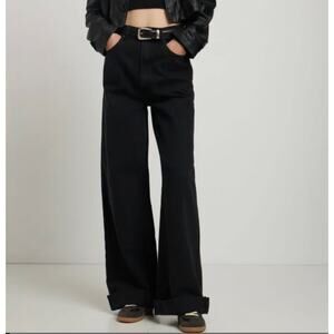 MOTHER SNACKS HW FUNNEL HEEL CUFF SMACKING GOOD BLACK WASH HIGH RISE WIDE LEG 29